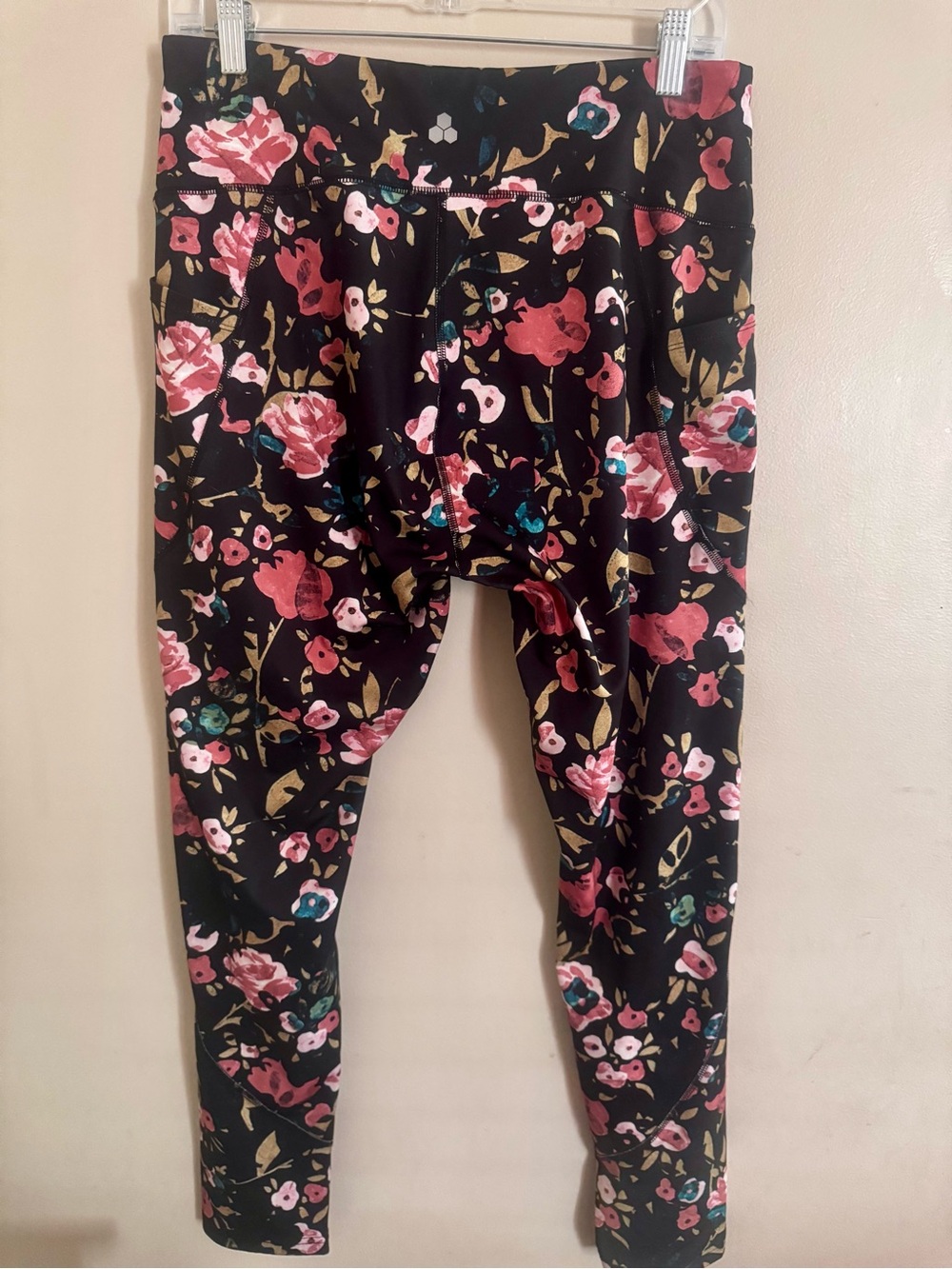 tek gear Black Floral Leggings with Pink & Green Accents